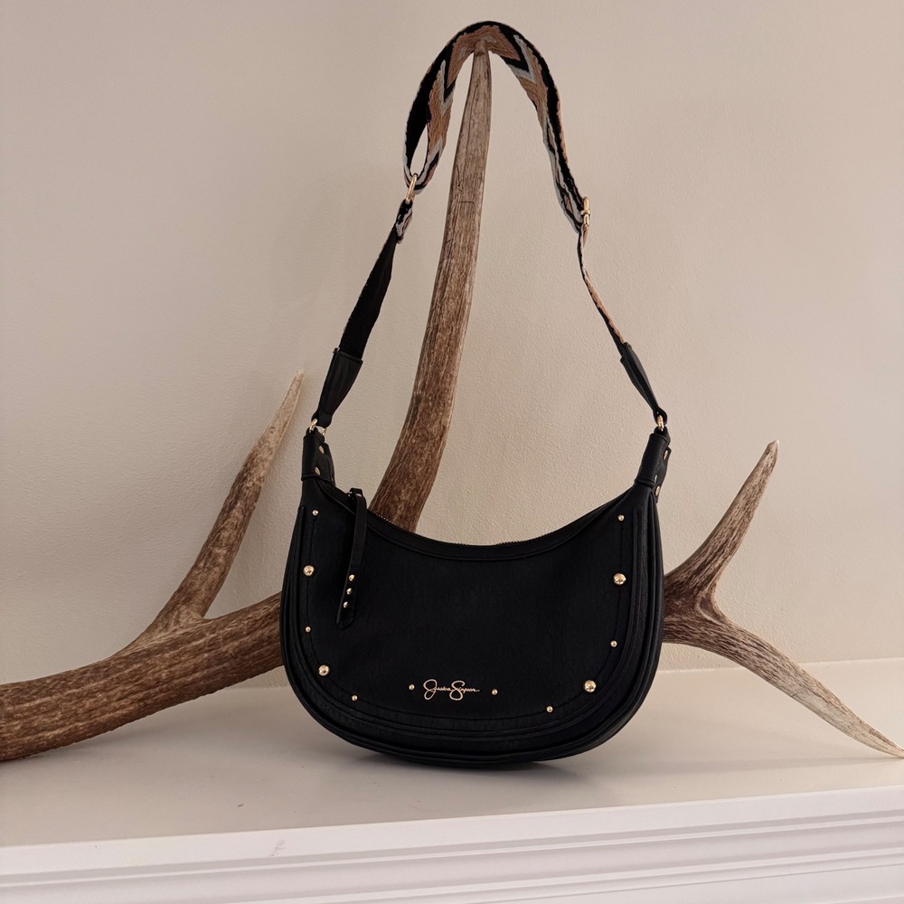 Jessica Simpson Black Studded Hobo Crossbody Bag with Geometric Guitar Strap
